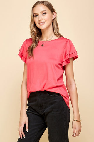 Coral Double Ruffle Sleeve Top