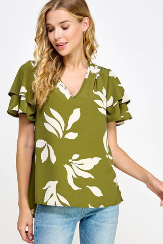 Olive Abstract V Neck Top