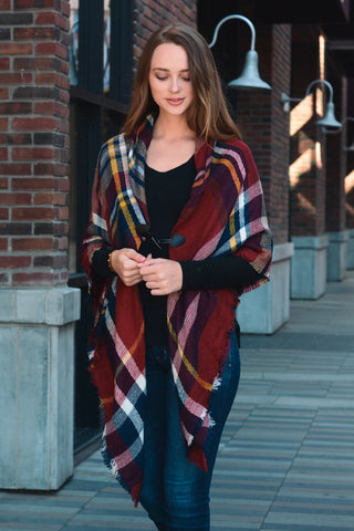 Flannel Poncho with Toggle Red/Navy