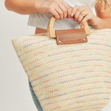 Woven Straw Bag with Wood Handles Beige